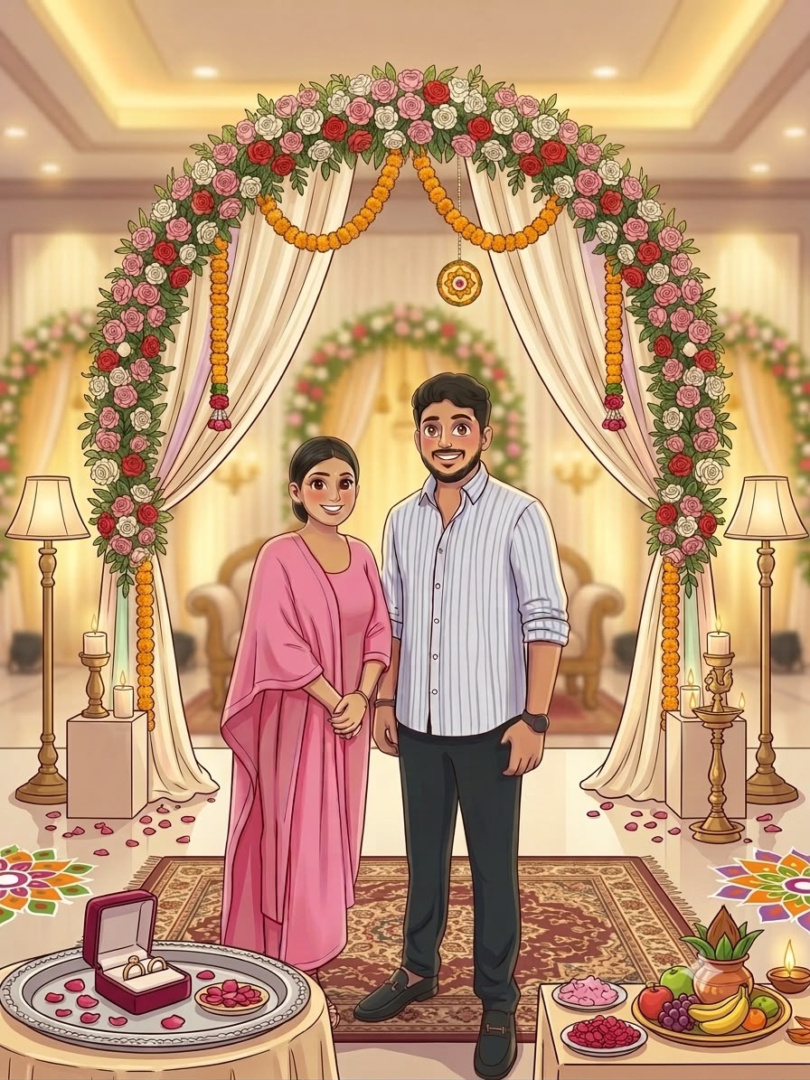 Illustration of Gurpreet and Jasmine under a floral arch